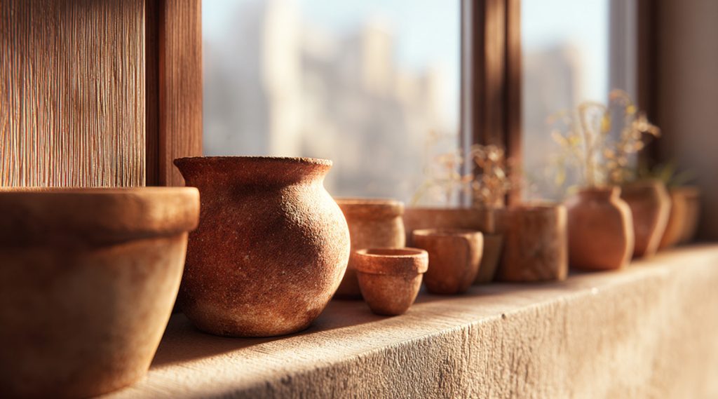 fila di vasetti in ceramica