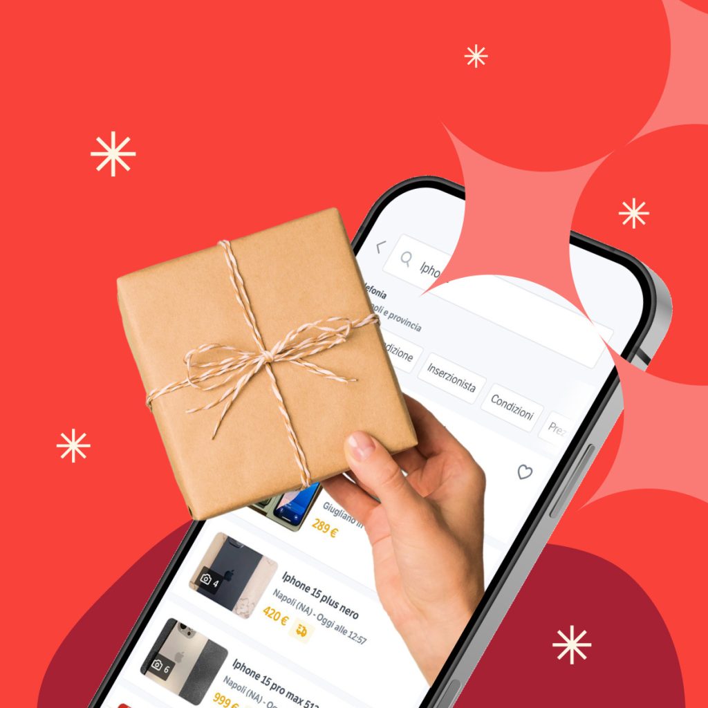 Immagine di una mano con un pacchetto regalo che esce dalla schermata di Subito di un cellulare
